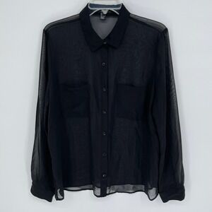 Forever 21 Women's Black Sheer Chiffon Button Down Pocket Blouse Size Large